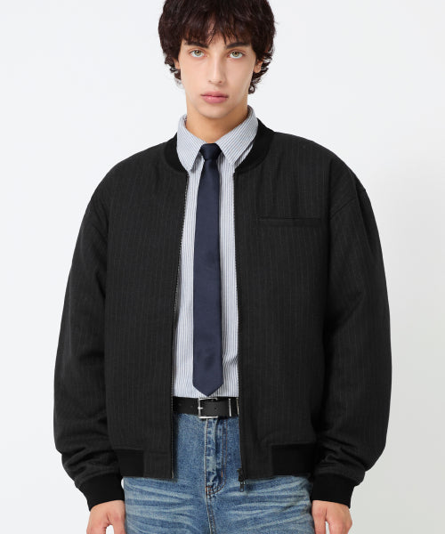 PIN STRIPE OFFICER CROP BOMBER JACKET_BLACK