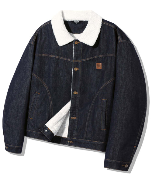 LEATHER PATCH FLEECE COLLAR DENIM JACKET_INDIGO