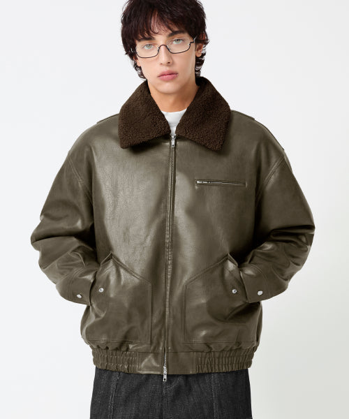 FLEECE COLLAR FLIGHT MA-1 LEATHER JACKET_KHAKI