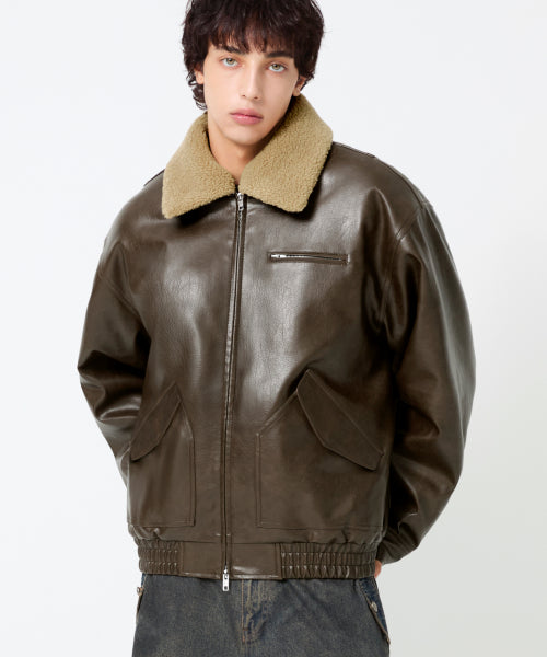 FLEECE COLLAR FLIGHT MA-1 LEATHER JACKET_BROWN