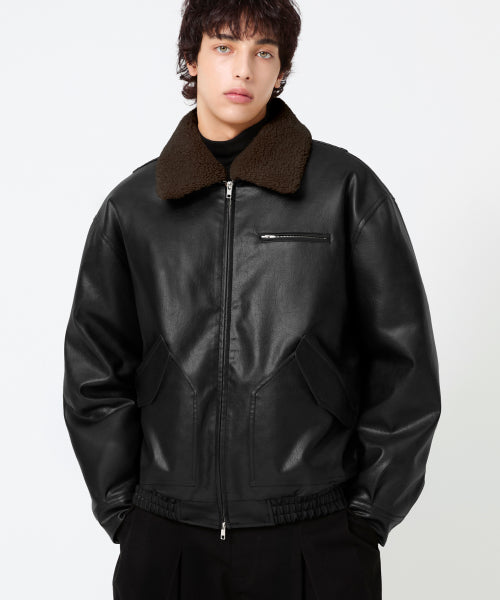 FLEECE COLLAR FLIGHT MA-1 LEATHER JACKET_BLACK