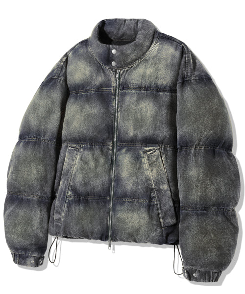 BIKER WASHED DENIM PUFFER SHORT PADDING_SAND BLUE