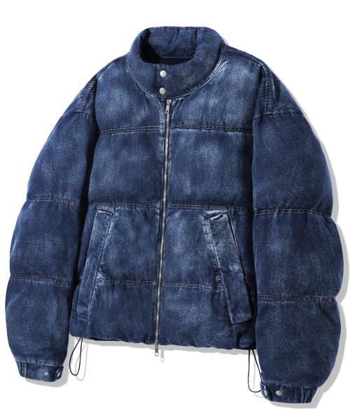 BIKER WASHED DENIM PUFFER SHORT PADDING_MIDDLE BLUE