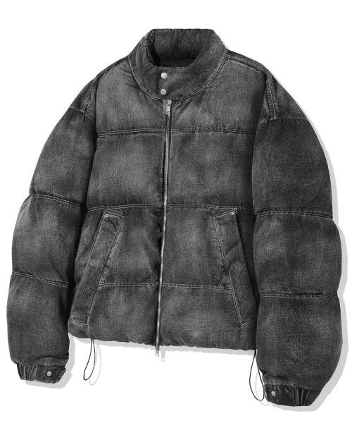 BIKER WASHED DENIM PUFFER SHORT PADDING_BLACK