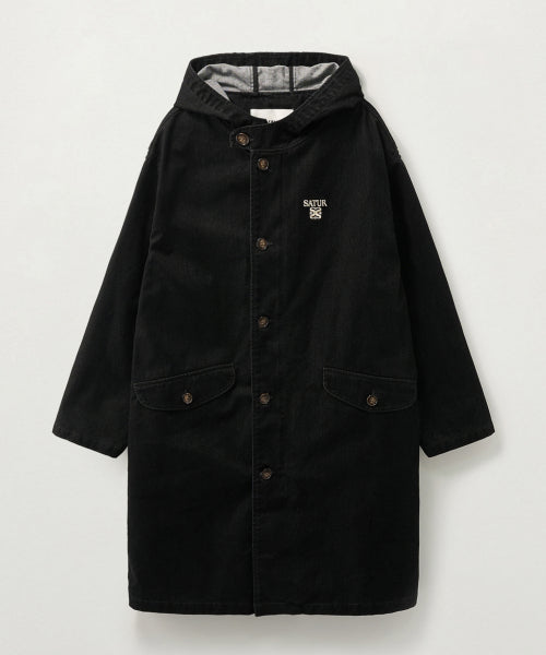Velvet Denim Mid-Length Hood Coat Black