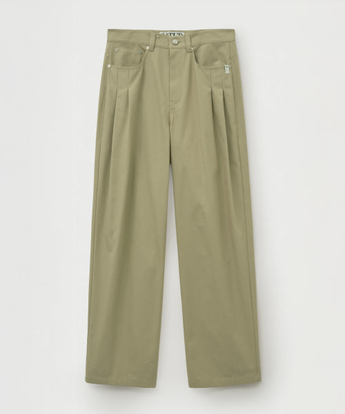 Two Tuck Wide Curved Cotton Pants Beige