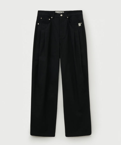 Two Tuck Wide Curved Cotton Pants Black
