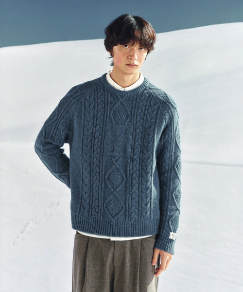 Big Cable Fisherman Pullover Knit Blue