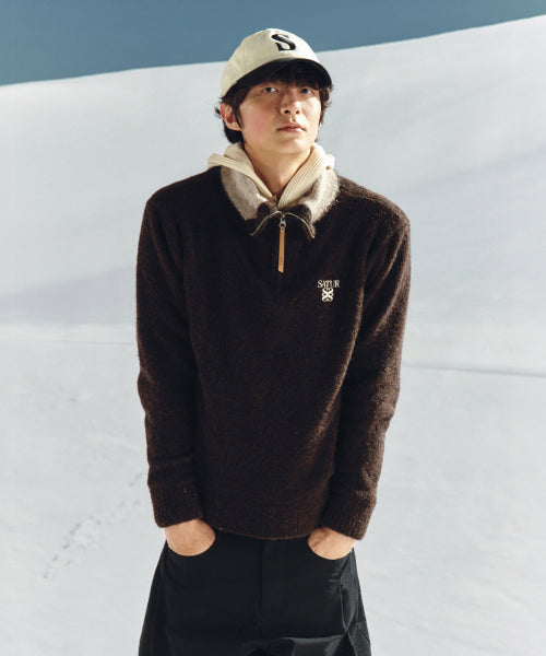 Fleece Half Neck Knit Zip-up Dark Brown
