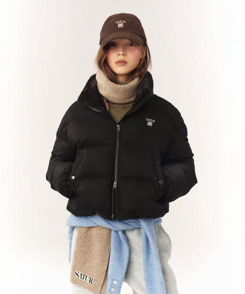 (W) Loren Jacquard Crop Duck Down Padding Black