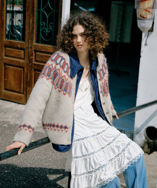 Double Layer Quilted Cardigan (Navy/Beige)