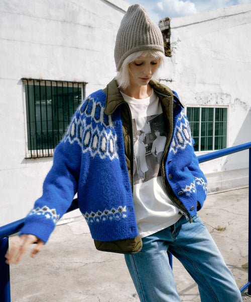 Double Layer Quilted Cardigan (Khaki/Blue)