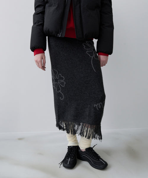 FRINGE LONG KNIT SKIRT CHARCOAL