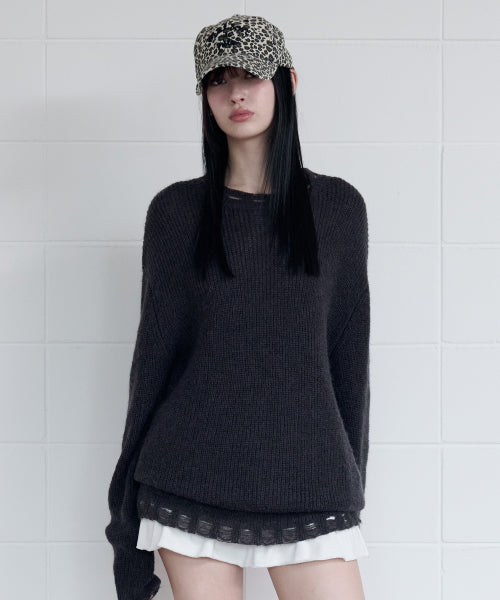 MOHAIR WOOL BLENDED DAMAGED KNIT DEEP GRAY