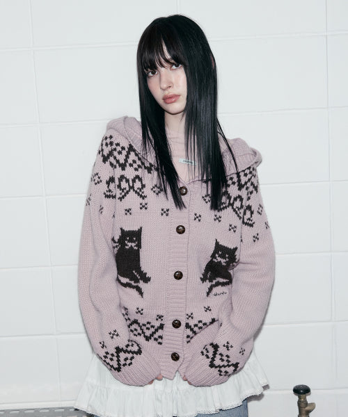 CAT JACQUARD HOODIE CARDIGAN PINK