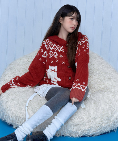 CAT JACQUARD HOODIE CARDIGAN RED