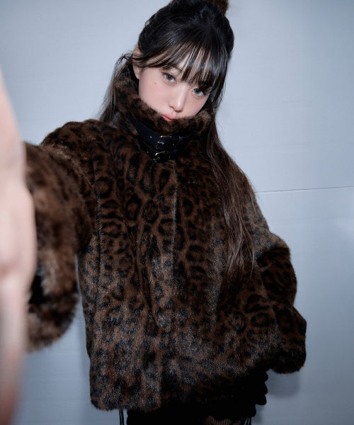 LEOPARD COLLAR FUR JACKET BROWN