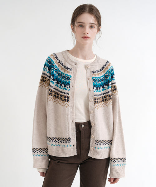 Nordic Round neck Knit Cardigan (beige)