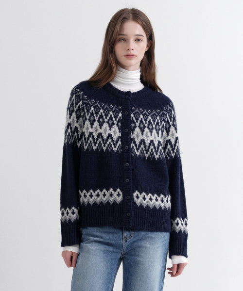 Wool Jacquard Knit Cardigan (navy)
