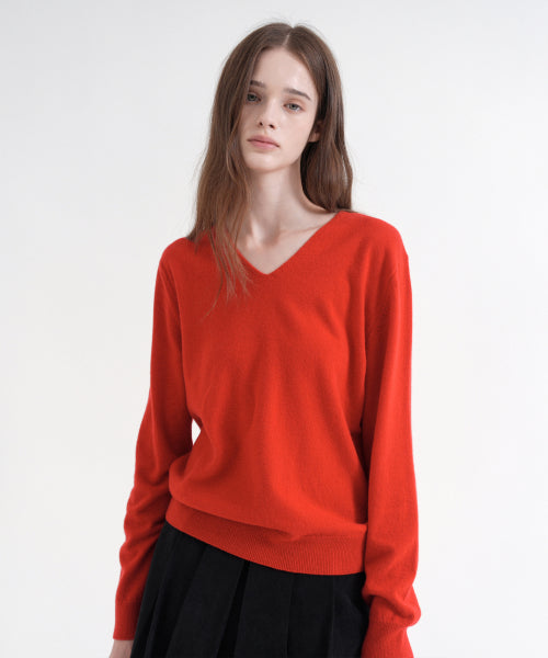 Merino Wool 100% V-Neck Basic Knit (red)