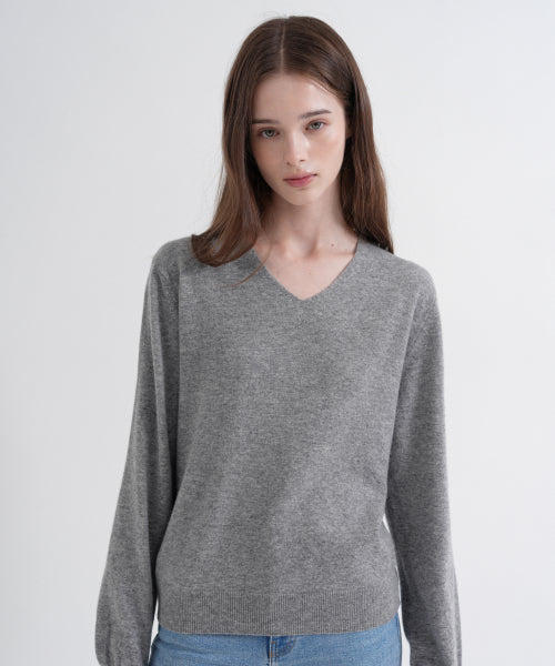 Merino Wool 100% V-Neck Basic Knit (gray)