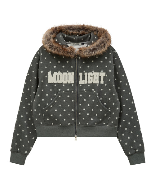 MOONLIGHT Applique Fur Hood Zip Up CHARCOAL