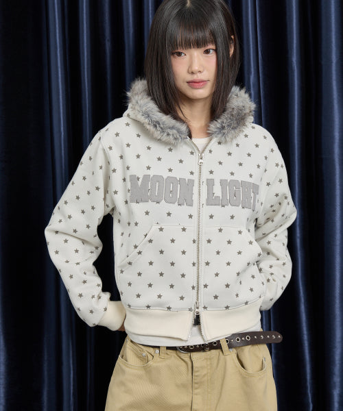 MOONLIGHT Applique Fur Hood Zip Up IVORY