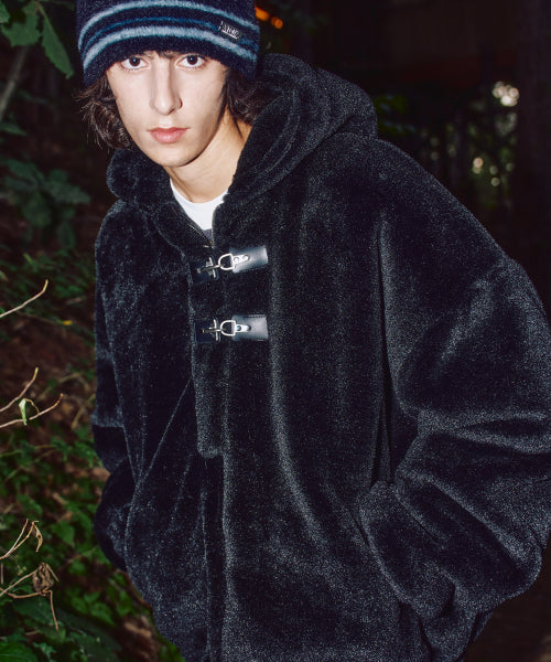 XJ128 Oversized Quilting Hooded Fur Jacket (BLACK)