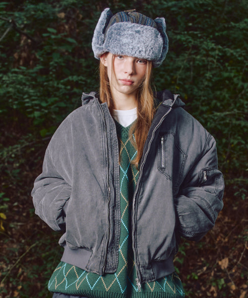 XJ130 Creud Washing Hooded Bomber Jacket (GRAY)