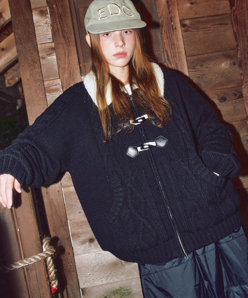 XTK174 Collar Quilting Cowichan Knit Zip-Up (BLACK)