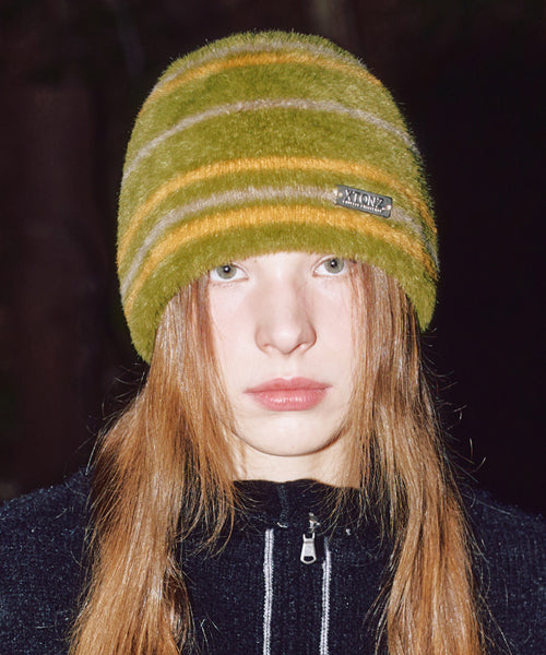 XTA095 Stripe Soft Hairy Beanie (KHAKI)