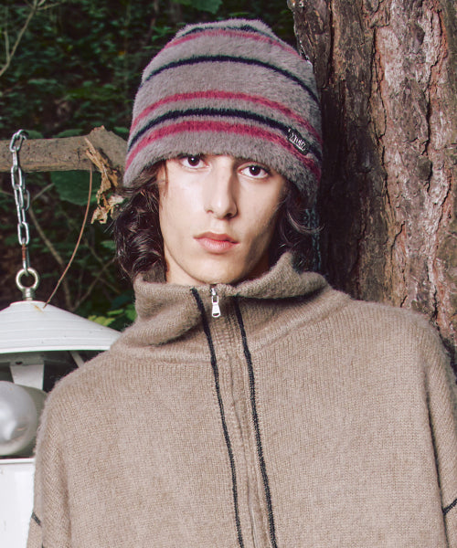 XTA095 Stripe Soft Hairy Beanie (GRAY)