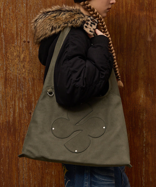 Clover Logo Artificial Suede Shoulder Bag KHAKI