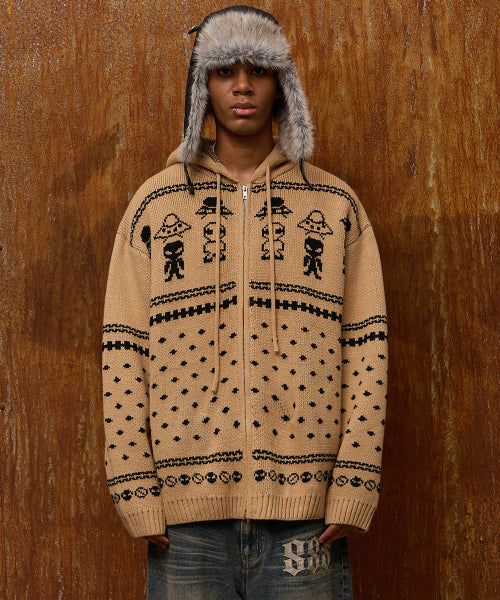 Alien Pattern Knit Hood Zip-up BEIGE