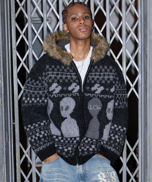 Alien Fur Knit Hood Zip-up BLACK