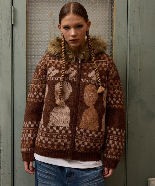 Alien Fur Knit Hood Zip-up BROWN
