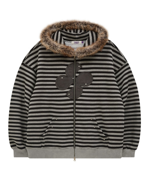 Clover Applique Fur Hood Zip-up STRIPE BLACK