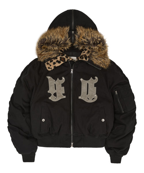 HD Artificial Leather Patch Bomber Down Jacket BLACK