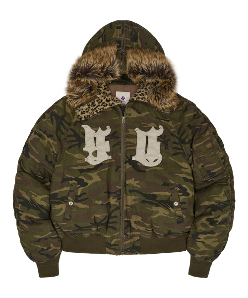 HD Artificial Leather Patch Bomber Down Jacket CAMO