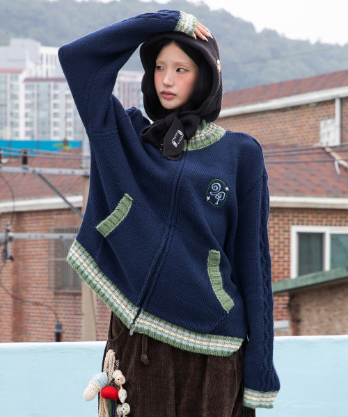 WXK024 Kanade Stripe Coloring Knitwear Zip-Up (NAVY)