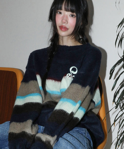 WXK026 Ninkino Loose Fit Stripe Pullover Knit (NAVY)