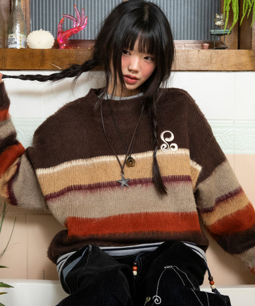 WXK026 Ninkino Loose Fit Stripe Pullover Knit (BROWN)