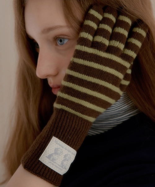 Puppy Label Stripe Gloves (Brown)