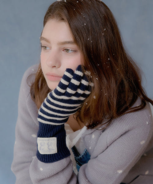 Puppy Label Stripe Gloves (Navy)