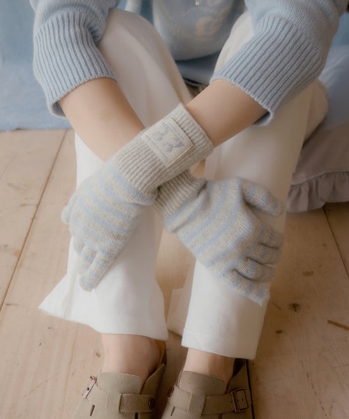 Puppy Label Stripe Gloves (Gray)