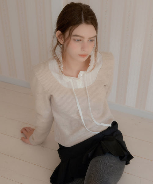 Lace Layered V-Neck Knit Top (Beige)