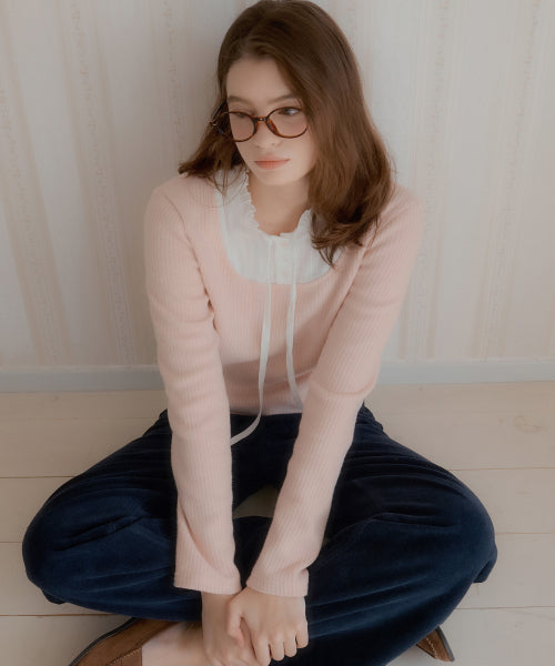 Lace Layered V-neck Knitwear Top (Pink)