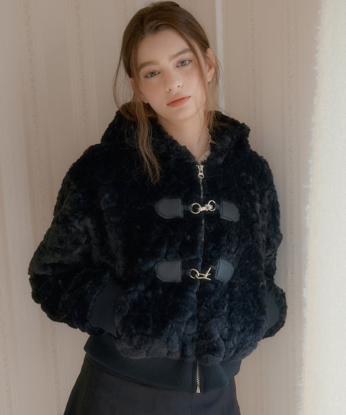 Twin Buckle Hooded Fur Jacket (Black)