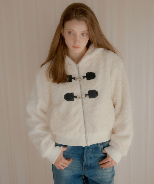 Twin Buckle Hooded Fur Jacket (Ivory)