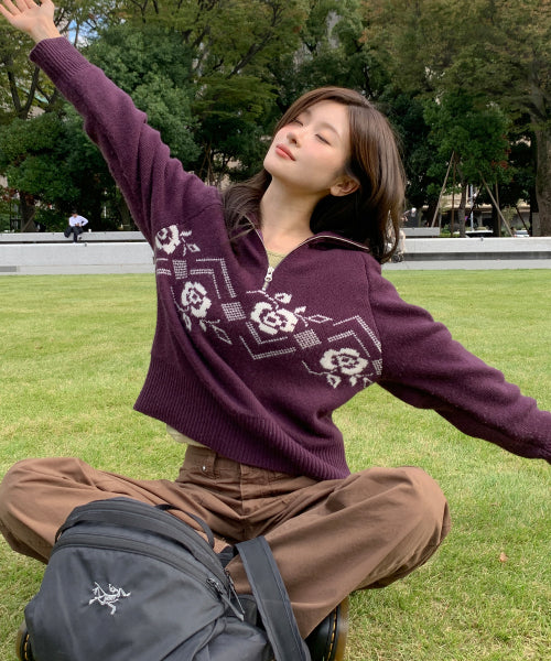 Rose Nordic Knit Half Zip-Up (Purple)